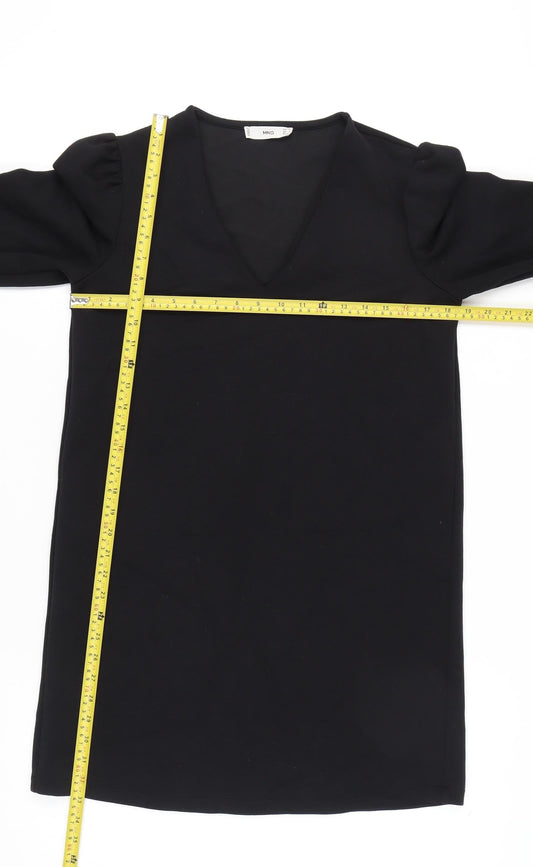 Mango Women Black Size 12 Shift Dress V-Neck Long Sleeve