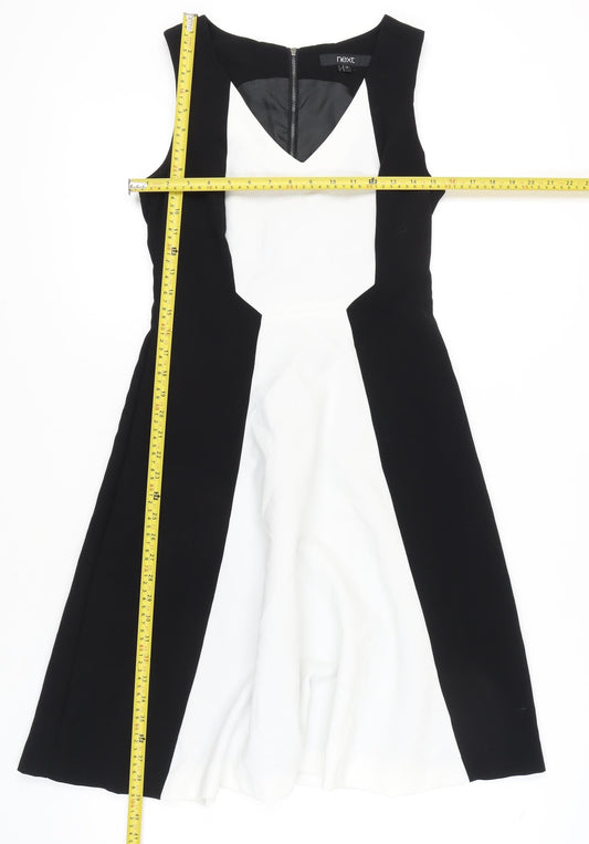 Next Women’s Black White Fit & Flare Dress Size 10 V-Neck Knee Length