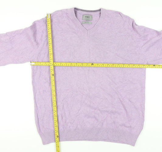 Marks and Spencer Men's Purple XL Cotton V-Neck Jumper