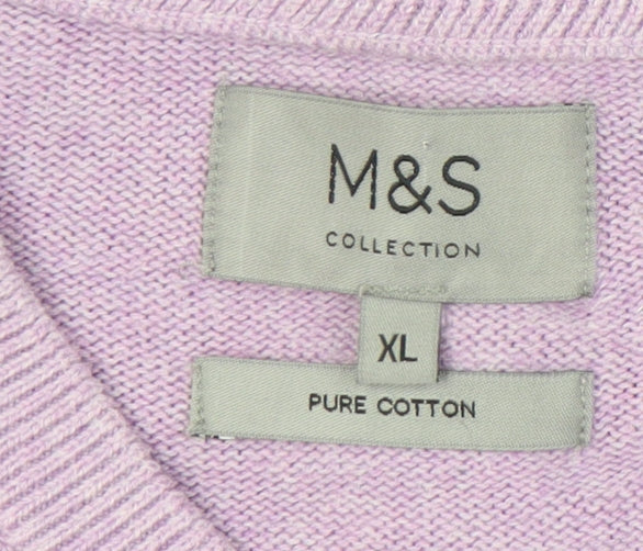 Marks and Spencer Men's Purple XL Cotton V-Neck Jumper