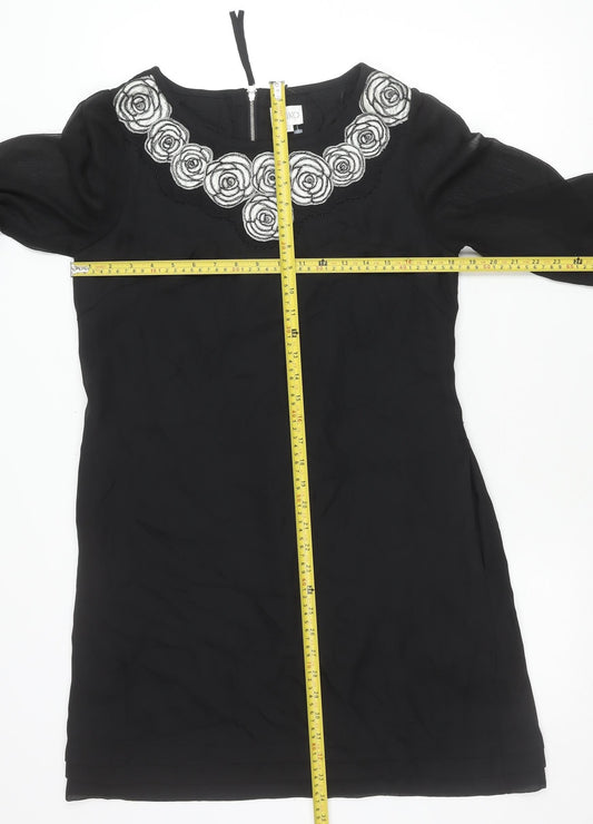 Kaliko Womens Black Shift Dress Size 12 Knee Length Embroidered Chiffon