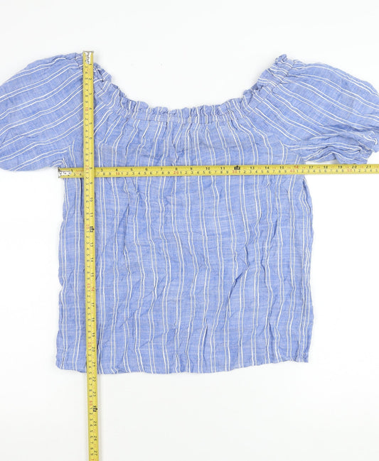 Papaya Women’s Blue Striped Off Shoulder Puff Sleeve Peasant Blouse Size 12