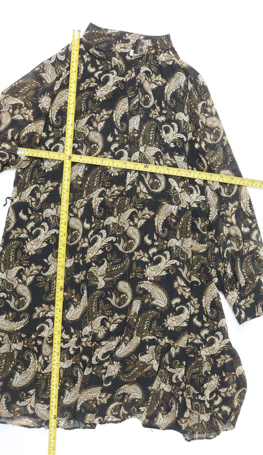 Mango Women's Black Paisley Shift Dress Size 8 Long Sleeve Chiffon