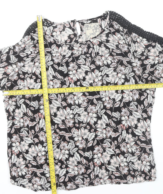 M&Co Women’s Black Floral Crochet Trim Tunic Blouse Size 14