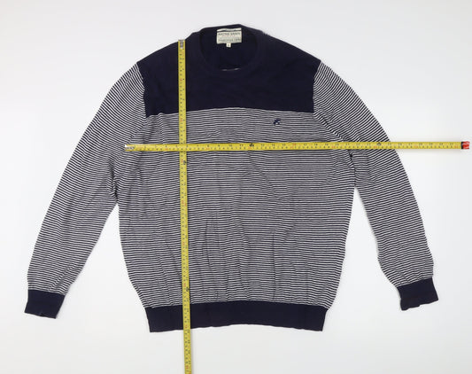 Racing Green Men's Blue Striped XL Crew Neck Cotton Knit Jumper