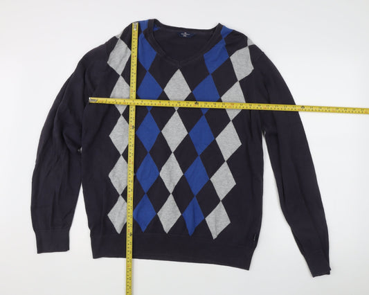 Marks & Spencer Men’s Blue Argyle V-Neck Cotton Golf Jumper M