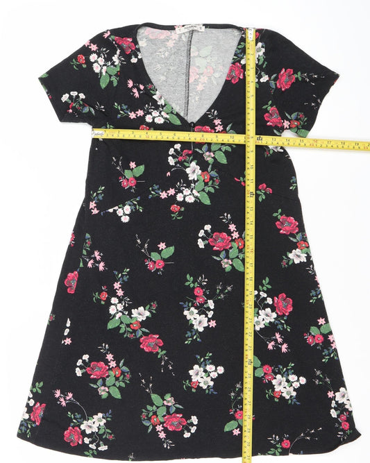 Pull&Bear Women’s Black Floral Bodycon Dress Size 8 Short Sleeve