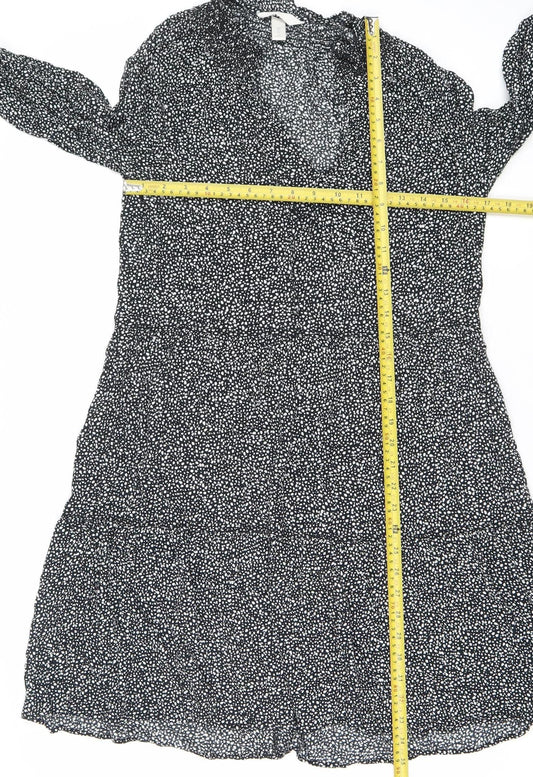 H&M Women Black Polka Dot XS Fit & Flare Long Sleeve Dress