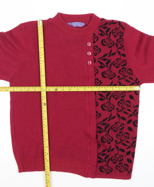 Autonomy Women's Red Floral Knit Crew Neck Long Sleeve Cardigan Size S