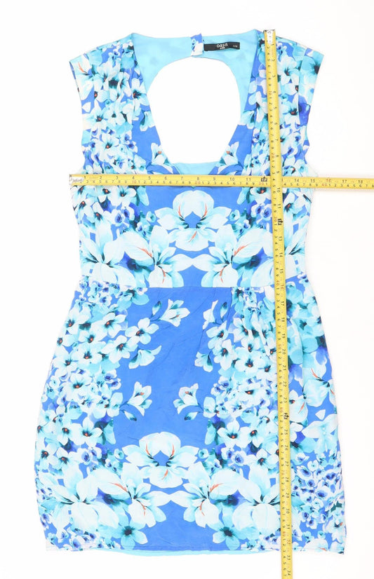 Oasis Women’s Blue Floral Silk Fit & Flare Dress Size 10 Sleeveless Scoop