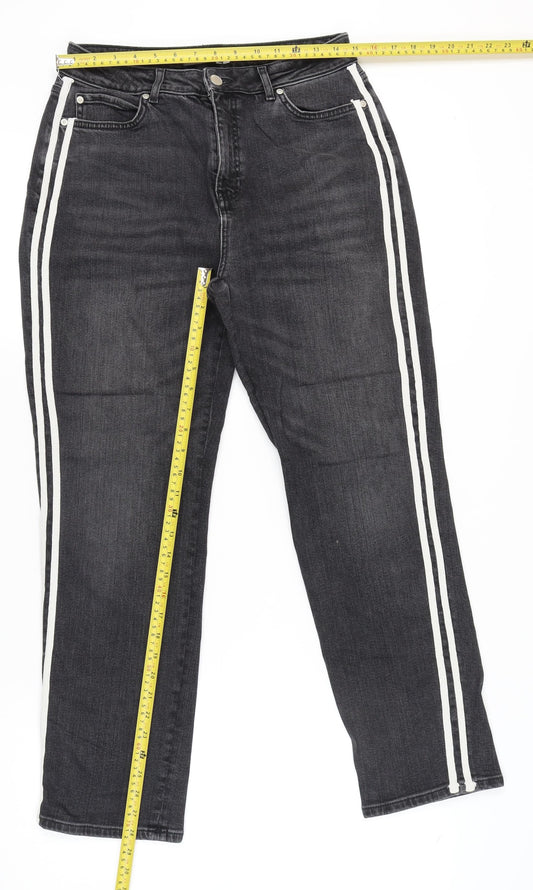 Mint Velvet Women’s Black High Rise Straight Jeans Size 14 with Stripe