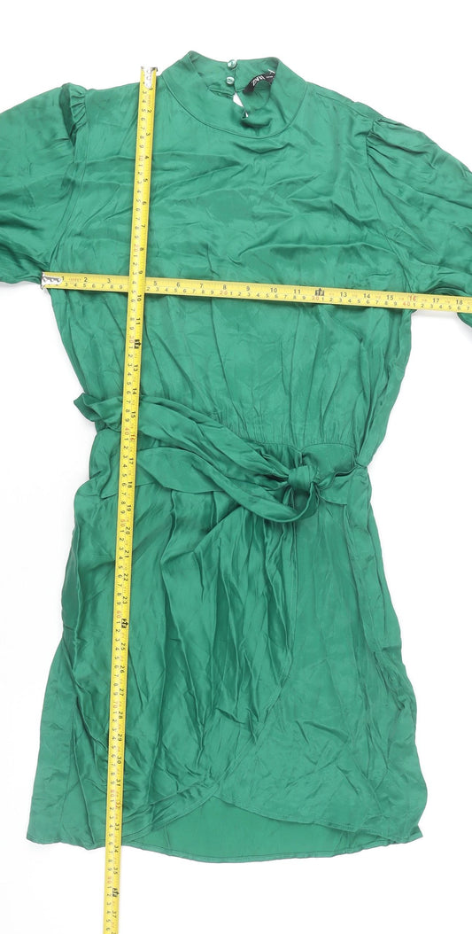 Zara Women’s Green XS Shift Dress High Neck Belted Long Sleeve