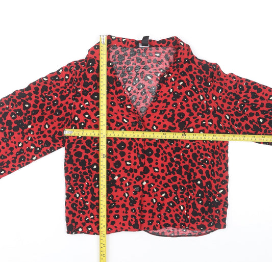 New Look Women’s Red Leopard Print V-Neck Long Sleeve Blouse Size 10