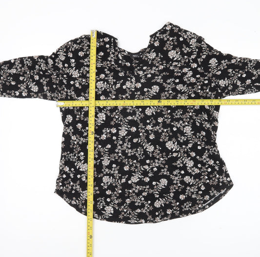 M&Co Women's Black Floral V-Neck Long Sleeve Blouse Size 16