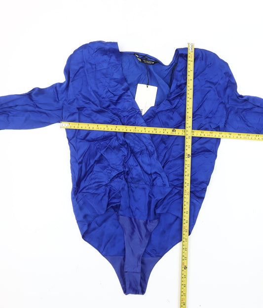Zara Women Blue Size 8 Viscose Long Sleeve Ruffle Bodysuit Party