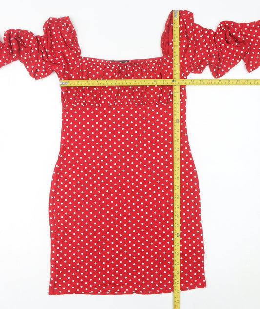 Missguided Women’s Red Polka Dot Bodycon Dress Size 12 Long Sleeve Retro
