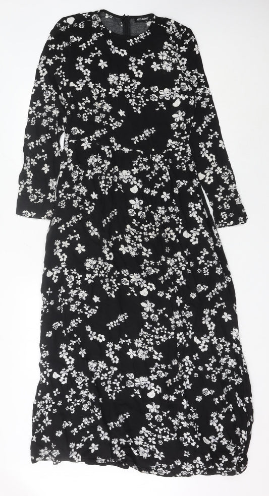 APPLELINE Women's Black Floral Midi A-Line Dress Size 8 Viscose