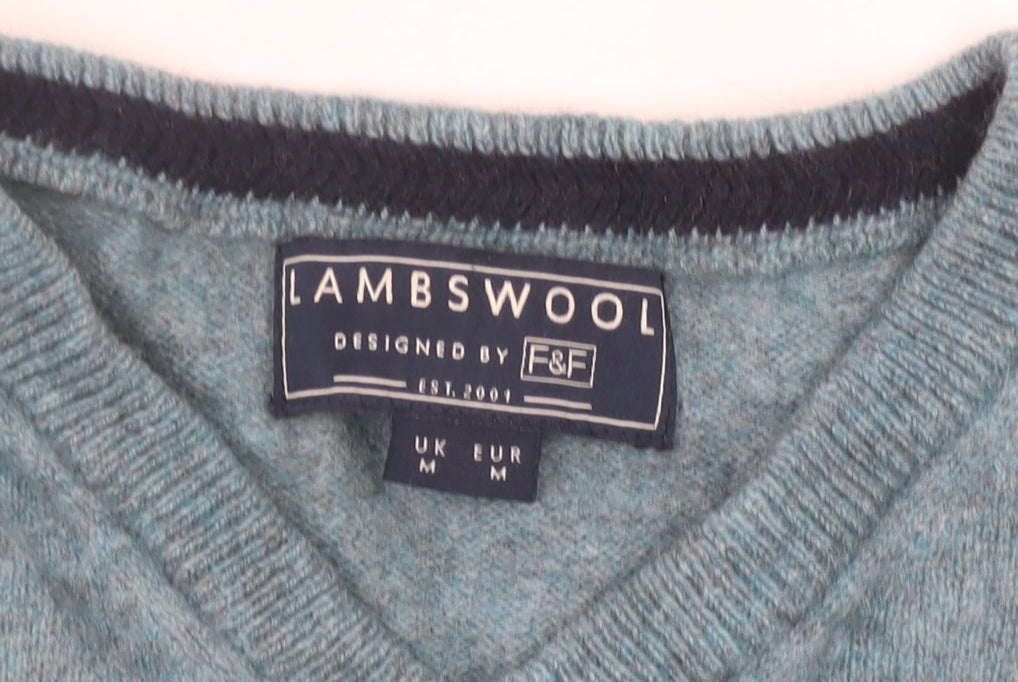 F&F Men’s Blue Lambswool V-Neck Jumper M Regular Fit Autumn Winter