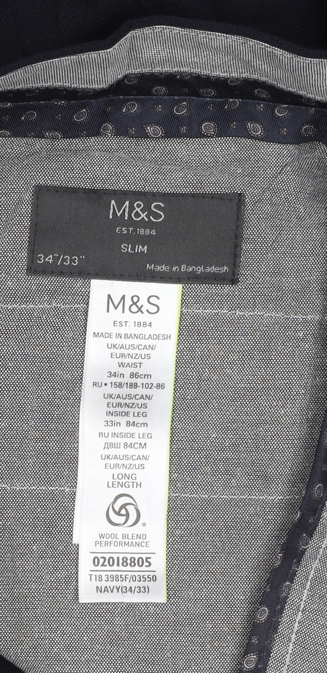 Marks and Spencer Men's Navy Slim Fit Wool Blend Dress Pants 34x33
