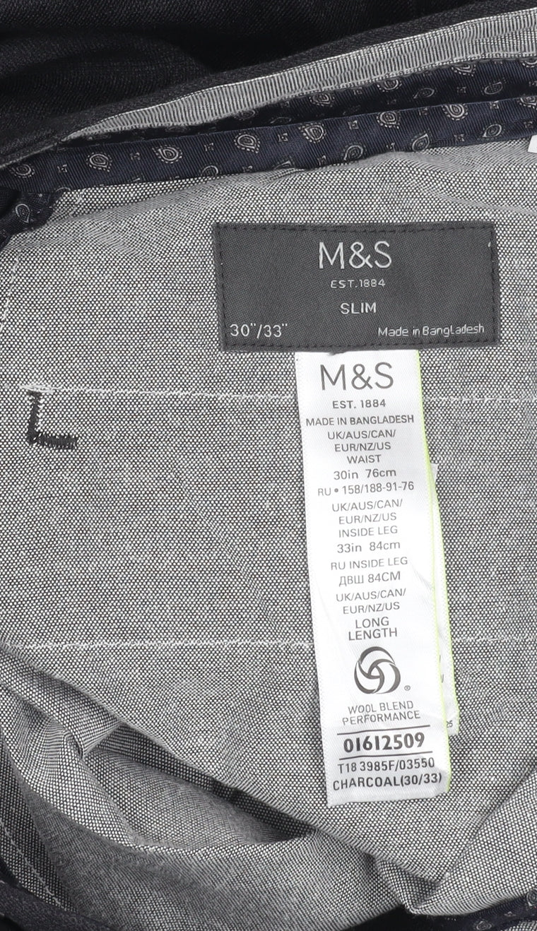 Marks and Spencer Men's Grey Slim Wool Blend Work Trousers 30x33
