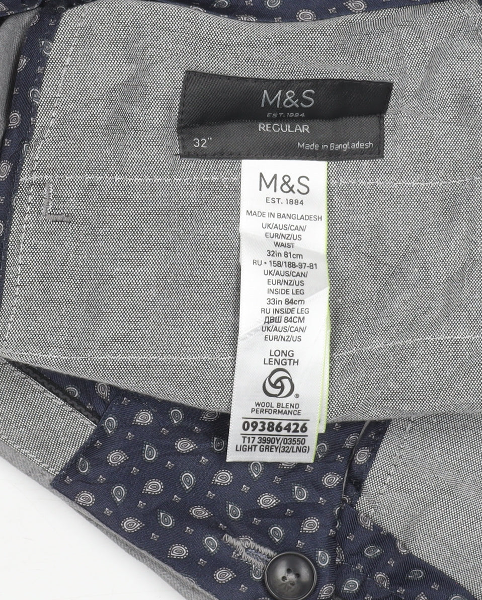 Marks and Spencer Mens Grey Wool Blend Regular Fit Dress Trousers 32x33