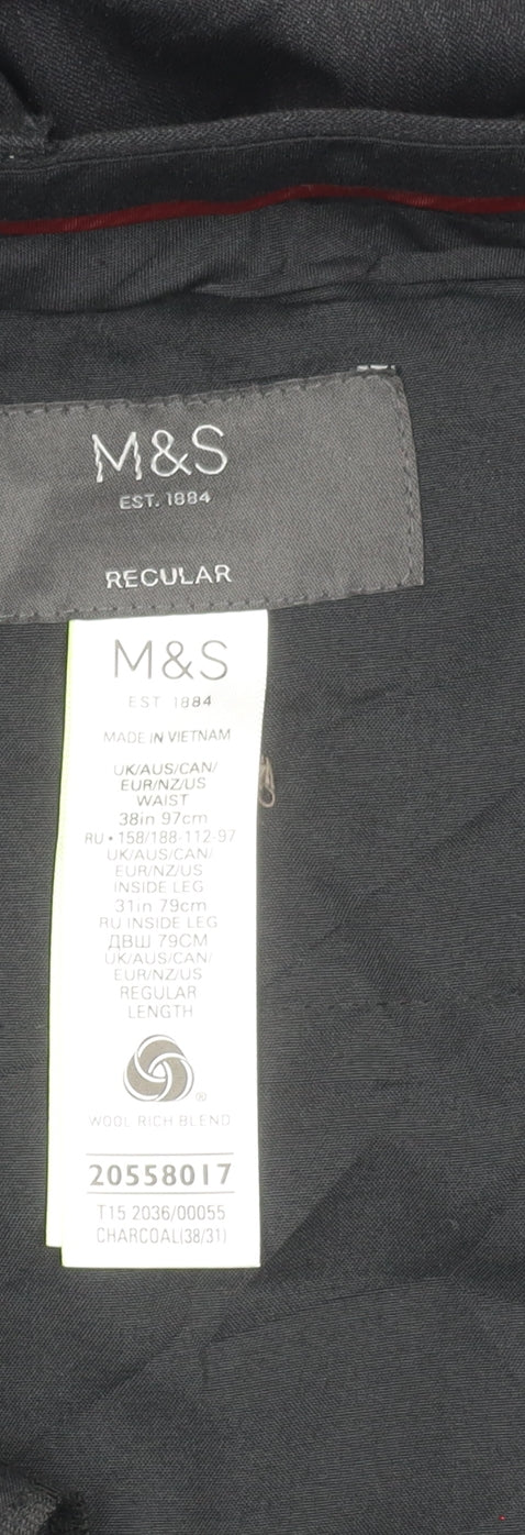 Marks and Spencer Men's Black 38in Wool Blend Regular Fit Dress Trousers