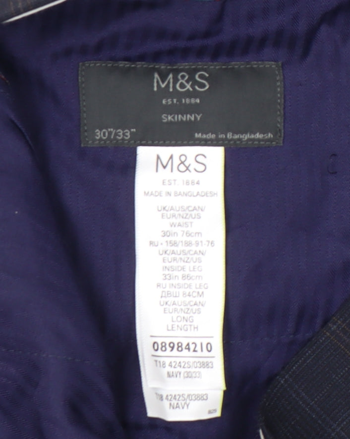 Marks and Spencer Men’s Blue Check Slim Fit Trousers 30x33