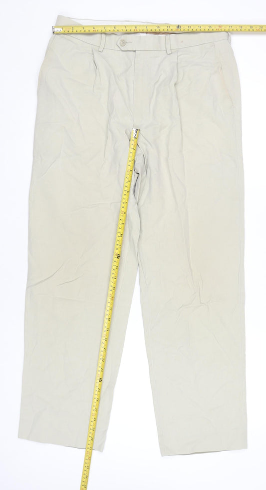 Marks and Spencer Men's Beige Chino Trousers 34W 31L Pleated Linen Blend