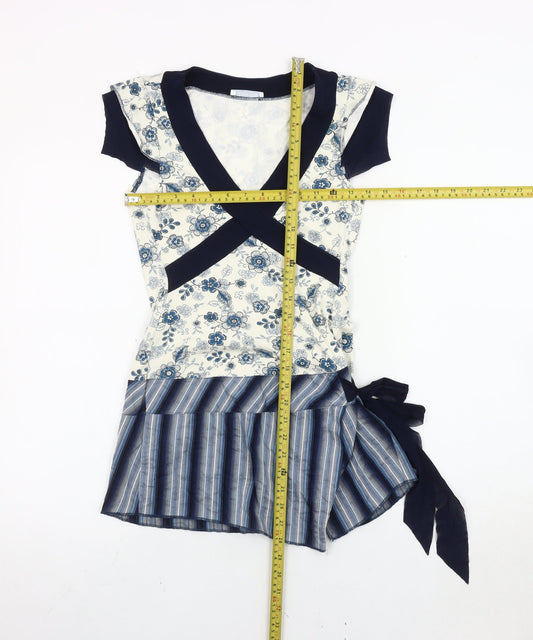 Promod Women’s Blue White Wrap Blouse Size 14 Floral Striped