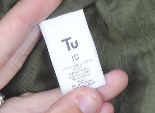 Tu Womens Green Parka Jacket Size 10 Hooded Mid Length Casual