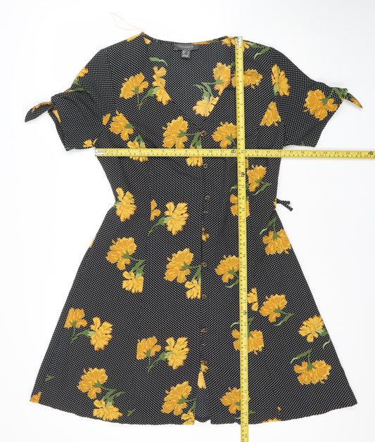 Primark Womens Black Yellow Floral Wrap Dress Size 12 Sleeveless V-Neck