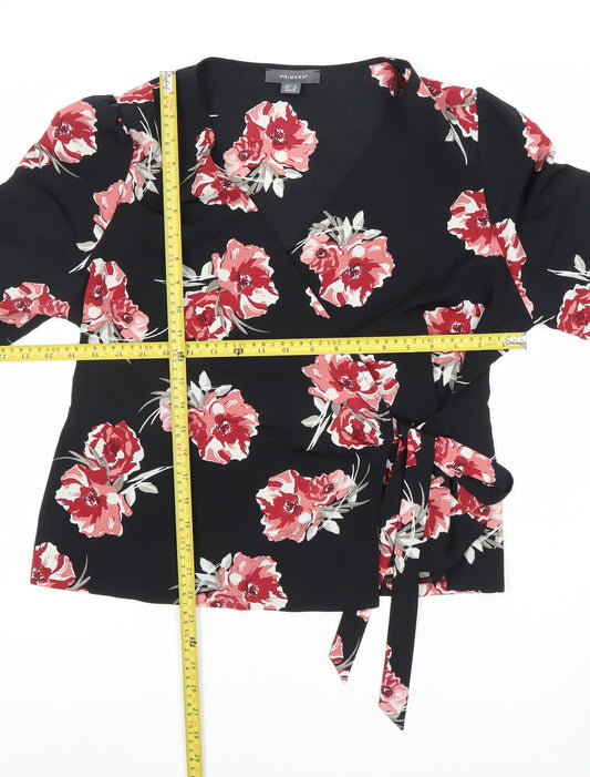 Primark Womens Black Floral Wrap Blouse Size 14 V-Neck 3/4 Sleeve
