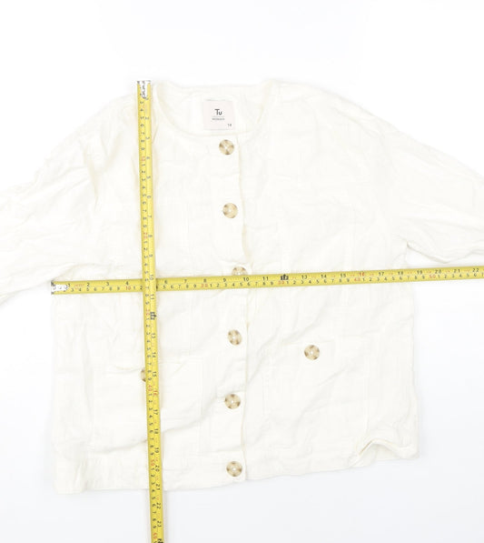 Tu Women Ivory Linen Viscose Button-Up Shirt Size 14 Long Sleeve