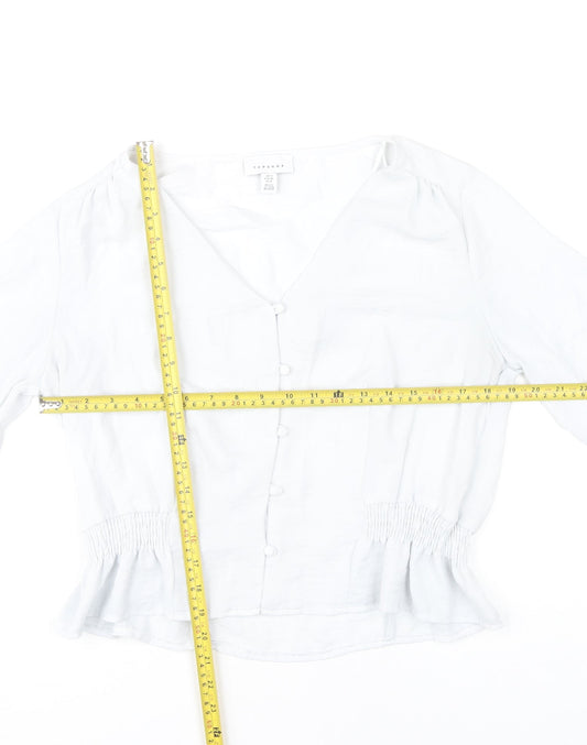 Topshop Women’s White Blouse UK 12 Long Sleeve V-Neck Ruffle