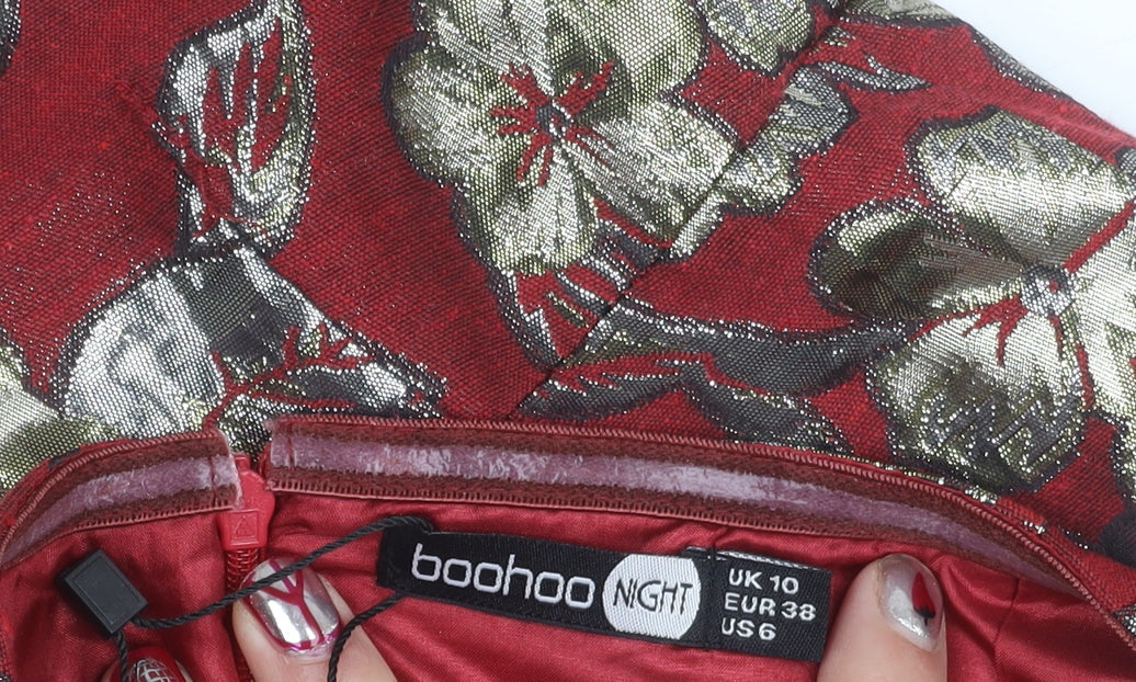 Boohoo Women’s Red Floral Metallic Strapless Playsuit Size 10