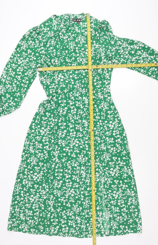 Girl In Mind Women’s Green Floral Midi Dress Size 8 Fit & Flare Long Sleeve