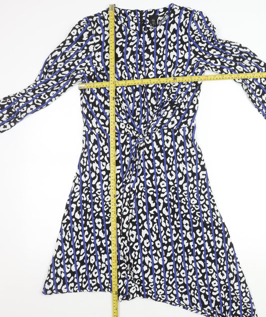 River Island Womens Black Blue Animal Print Asymmetric Wrap Dress Size 8