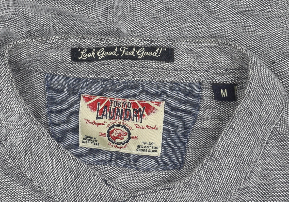 Tokyo Laundry Men’s Grey Cotton Band Collar Long Sleeve Shirt M