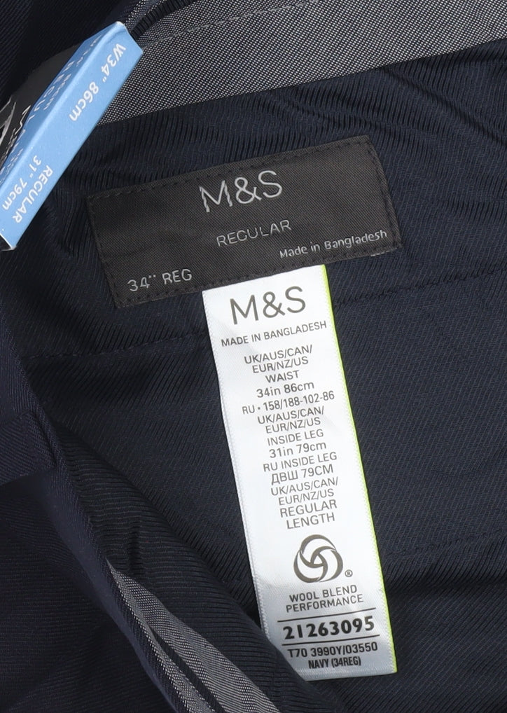 Marks and Spencer Men's Blue Regular Fit Dress Pants 34W 31L