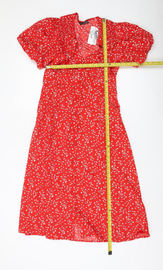 Quiz Women’s Red Floral A-Line Dress Size 8 Short Puff Sleeve