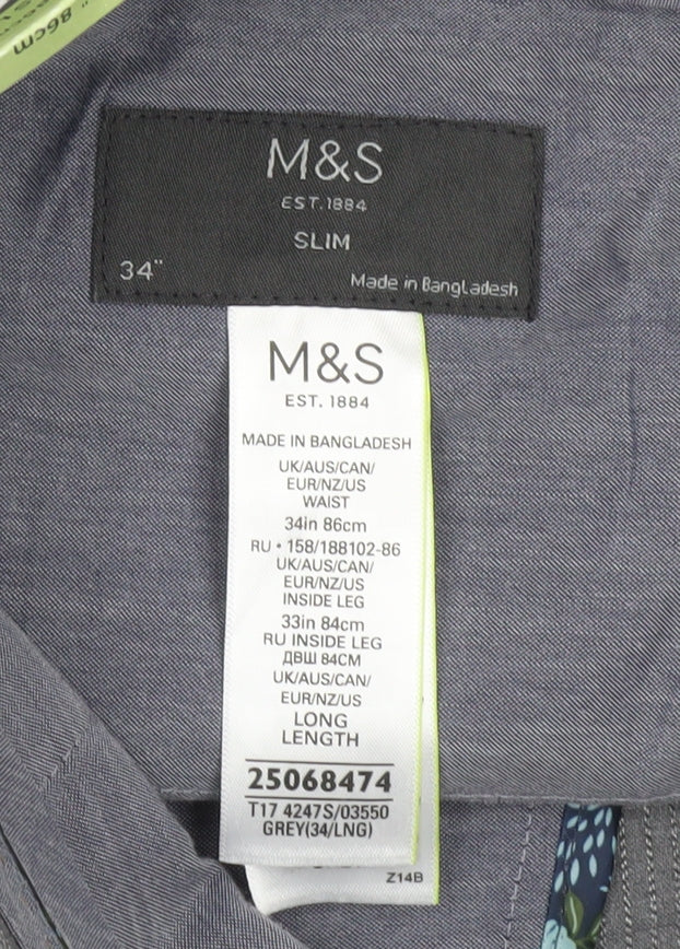Marks and Spencer Men's Grey Slim Fit Dress Trousers 34W 33L