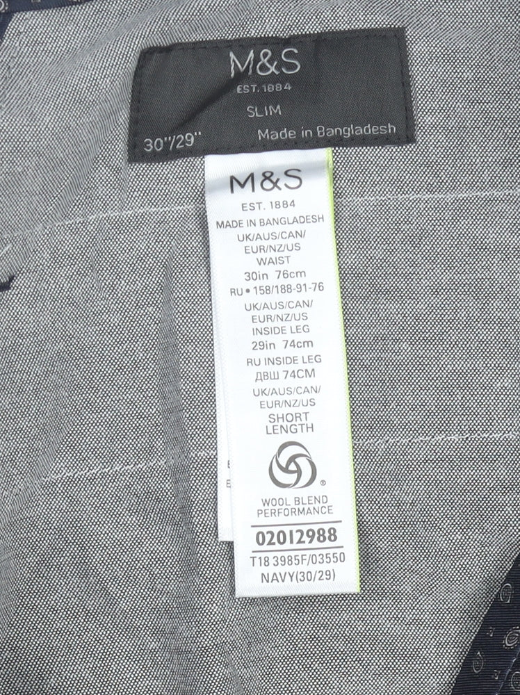 Marks and Spencer Men’s Blue Slim Wool Blend Dress Pants 30W 29L