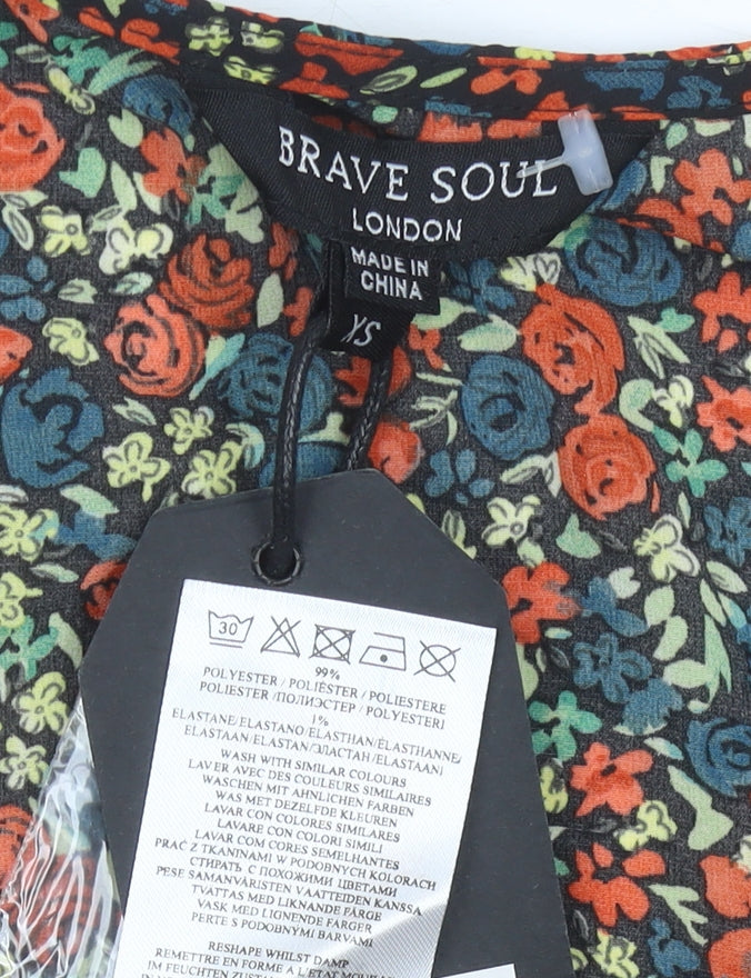 Brave Soul Womens Multicoloured Floral Wrap Dress XS Short 3/4 Sleeve Ruffle