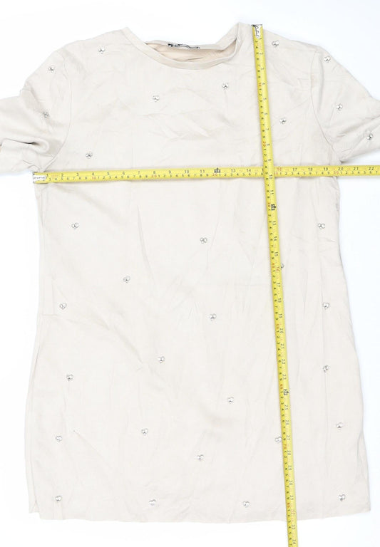Zara Women’s Beige Shift Dress Size 12 Beaded Short Sleeve Party