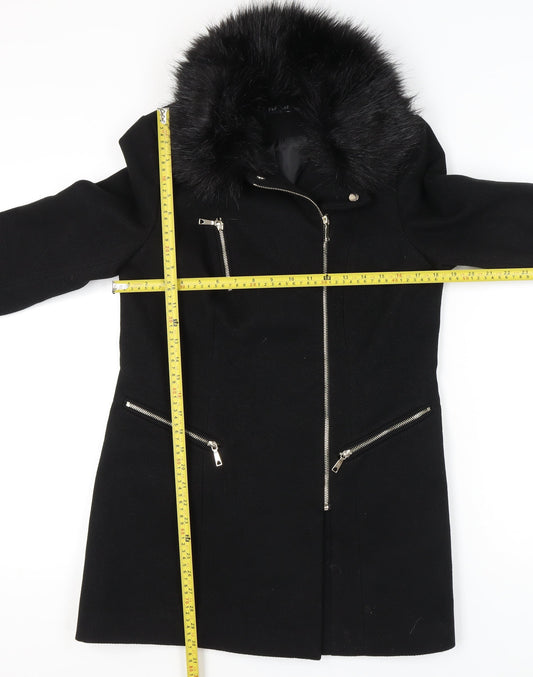 F&F Women’s Black Faux Fur Trim Hooded Zip Detail Mid-Length Coat UK 10