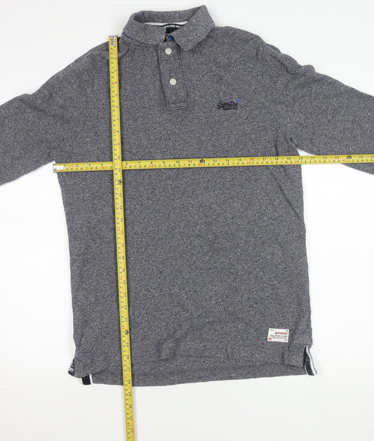 Superdry Mens Grey Classic Long Sleeve Polo Shirt Size L Cotton