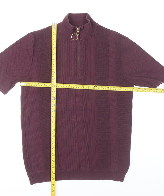 Reiss Men’s Purple Mock Neck Short Sleeve Zip Knit Jumper M