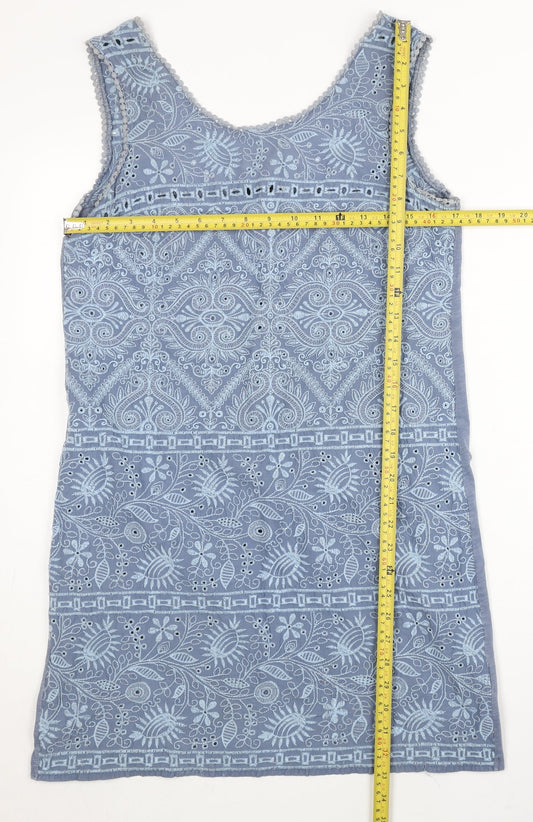 Next Women Blue Embroidered Shift Dress Size 10 Sleeveless Boho