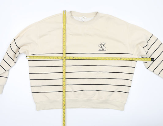 H&M Women’s Beige Striped Sweatshirt Size 14 Relaxed Fit Crew Neck