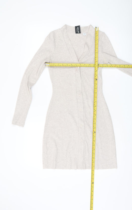 Collusion Women Beige UK 6 Shirt Dress Long Sleeve V-Neck